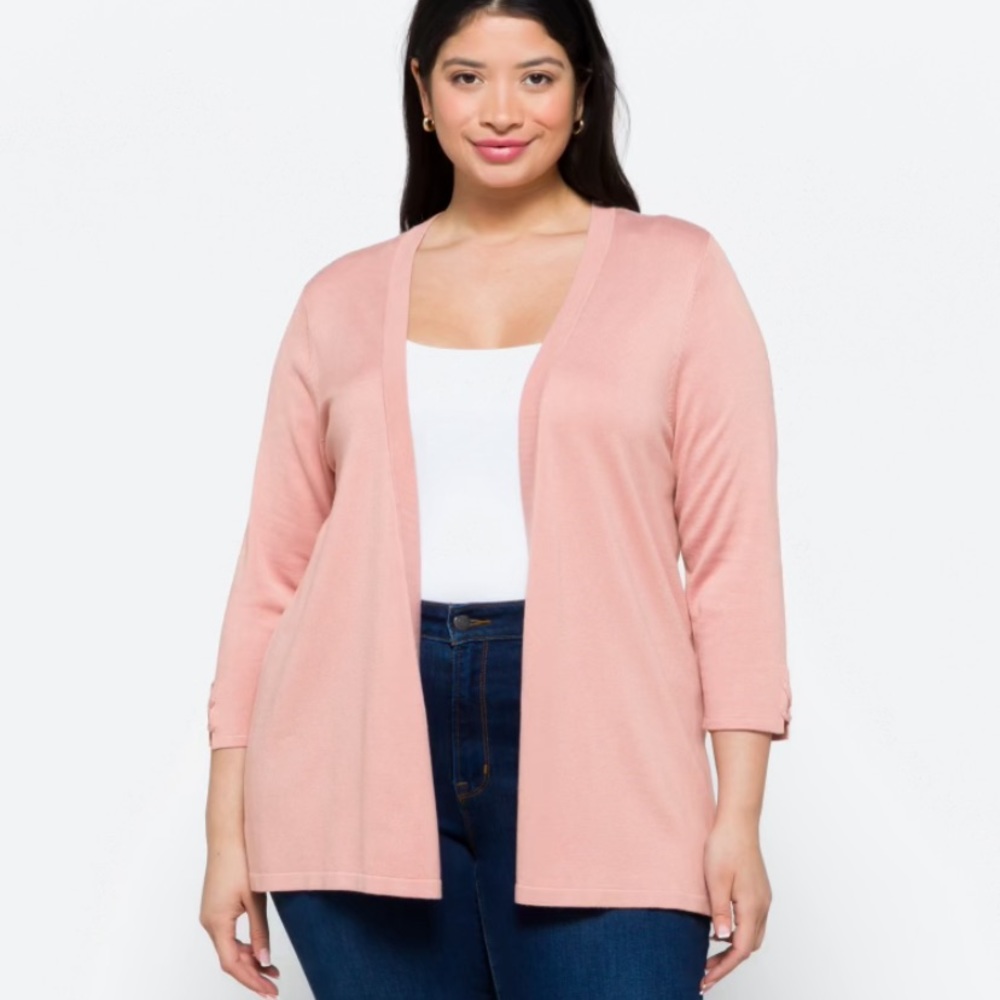 Aubree Back Detail Cardigan. Three quarter sleeve.  Blush color.